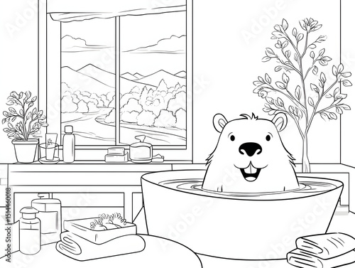 Cartoon Coloring Page of capybara sitting in a bathtub.