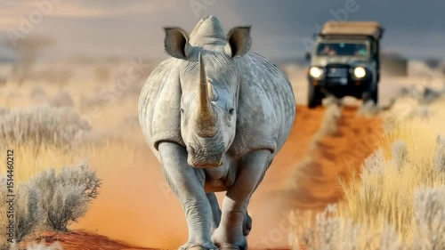 Powerful Rhino Walking on Orange Dirt Road in African Savanna with Safari Vehicle in Background – Wildlife and Nature Concept