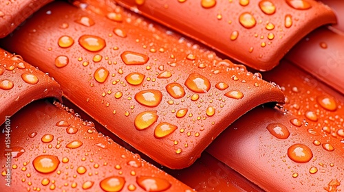 Close-up of red roof tiles glistening with water droplets, showcasing texture and waterproofness