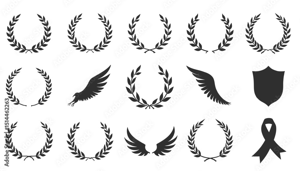 Fototapeta premium Collection of Vintage Laurels, Wings, Ribbon, and Shield Vector Illustrations on White.