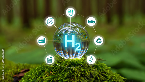 Hydrogen energy sustainability concept depicted with icons in nature setting