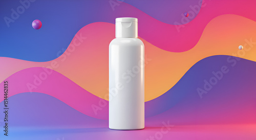 Minimal white cosmetic bottle mockup set against a vibrant, colorful abstract background — clean and modern for branding visuals.