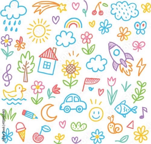 Kid crayon hand drawn background. Children school pencil bg. Cute summer flower, cloud, house, rainbow sun child icon. Vector kid sketch illustration. Cute crayon children pattern. Color pencil doodle