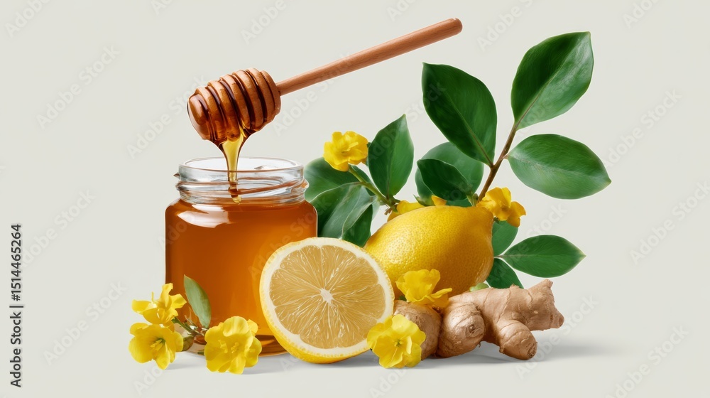 Jar of honey is poured over a lemon and a sprig of ginger. Concept of warmth and comfort, as the honey and lemon are often associated with relaxation and soothing. The ginger adds a touch of spice Jar of honey is poured over a lemon and a sprig of ginger. Concept of warmth and comfort, as the honey and lemon are often associated with relaxation and soothing. The ginger adds a touch of spice