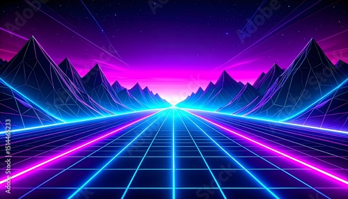 Neon Virtual Gaming World with Wireframe Grid