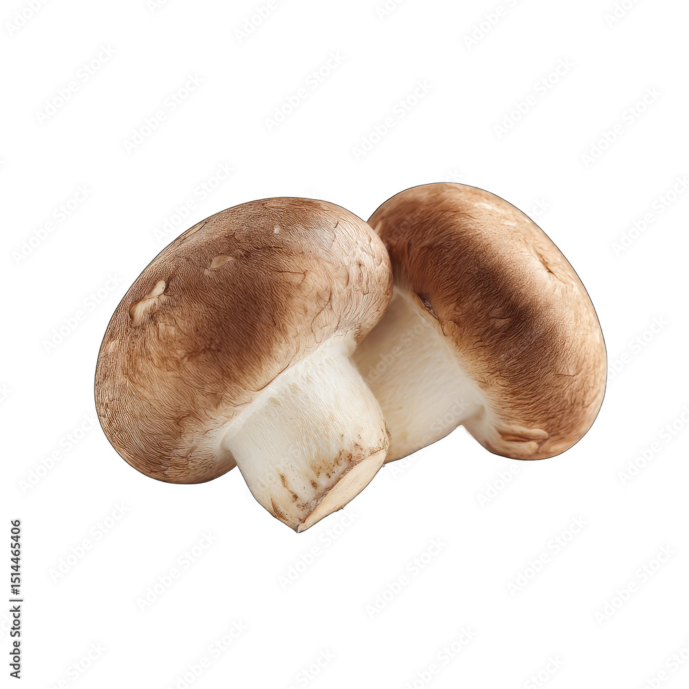 Fototapeta premium Two brown mushrooms, close-up, isolated on black background. Cap and stem visible