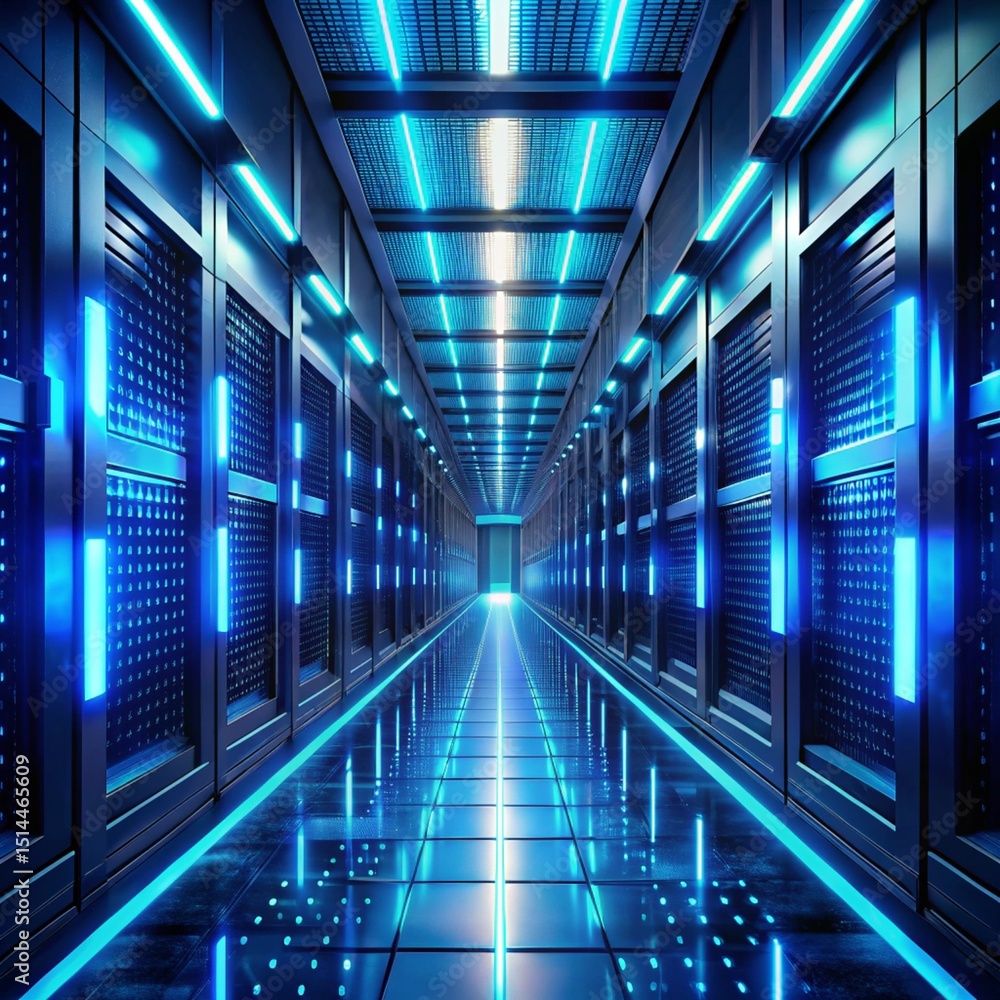 Fototapeta premium -futuristic-data-center-corridor-with-glowing-blue