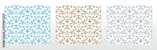 Wallpapers in the style of Baroque.. Set of colored floral ornaments. Seamless vector backgrounds Graphic patterns for fabric, wallpaper, packaging. Ornate Damask flower illustration