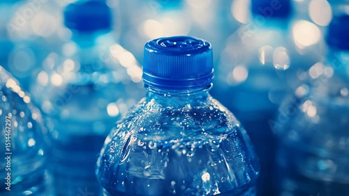 A row of water bottles with blue caps. The bottles are all the same size and shape. The caps are blue and have a blue top