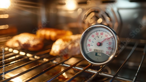 Close up of a thermometer inside an oven with food cooking on a rack showing a temperature reading