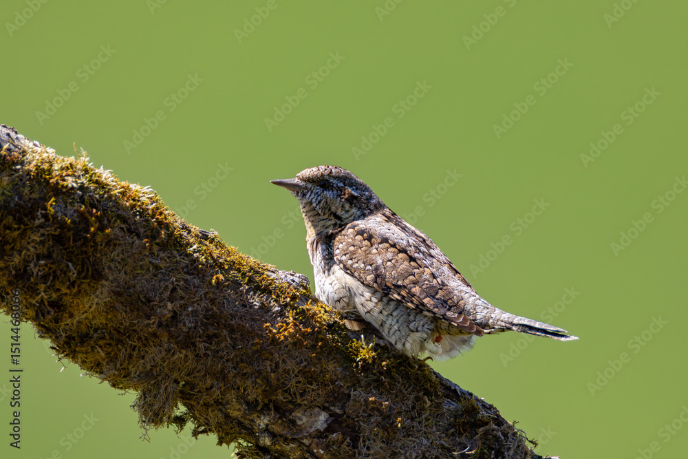 Naklejka premium Eurasian wryneck (Jynx torquilla) perched on mossy branch, cryptic brown plumage, perfect camouflage, natural habitat, close-up, soft light, blurred green background, wild bird, peaceful scene.