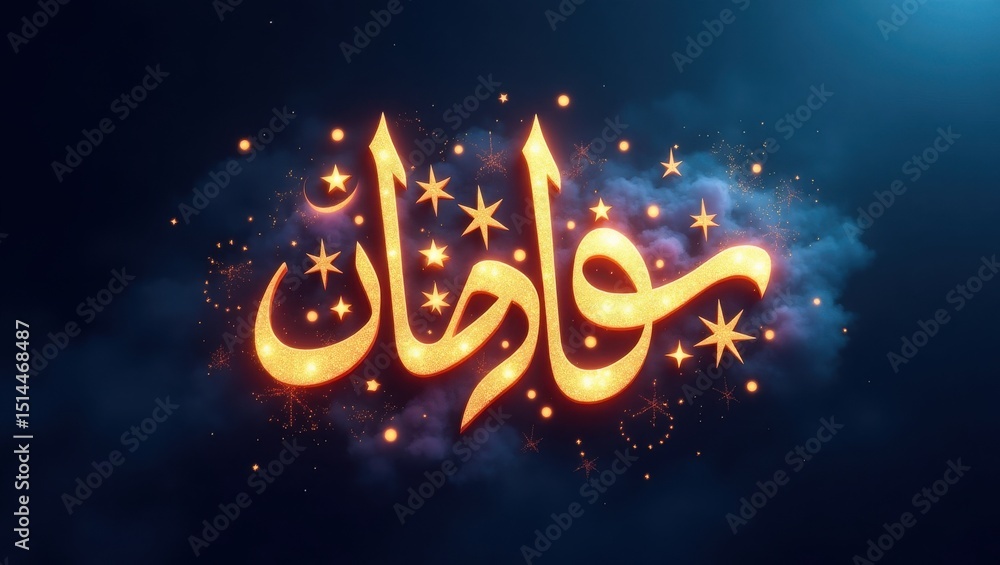 Naklejka premium Ramadan Mubarak Wishes Under Moonlit Skies with Glowing Stars
