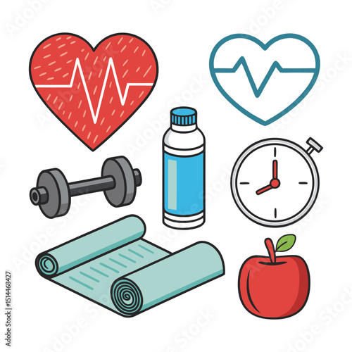 Health and Fitness Essentials: A vibrant collection of icons representing key aspects of health and fitness, including a heart rate monitor, dumbbells, a protein shake bottle, a stopwatch, a yoga mat.