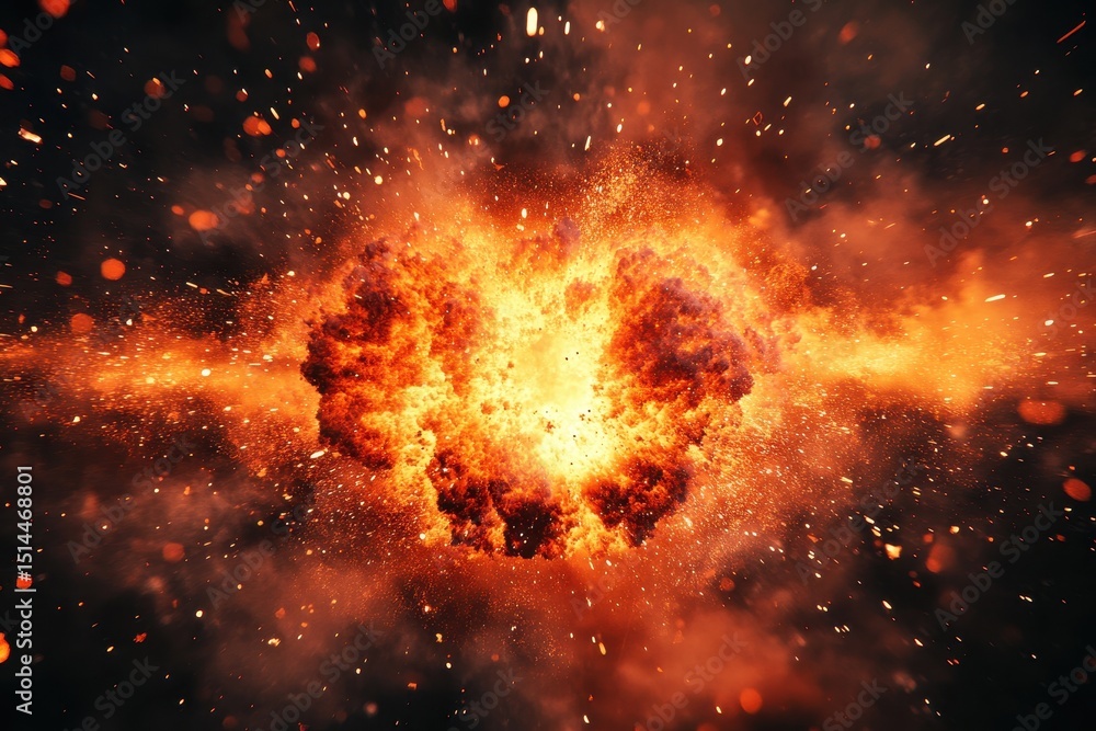 Fiery explosion releasing intense sparks against a dark background, Intense, fiery explosion with flying sparks on dark background Fiery explosion releasing intense sparks against a dark background, Intense, fiery explosion with flying sparks on dark background