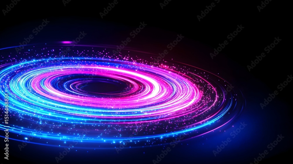 Fototapeta premium Glowing neon pink and blue spiral light trails on a dark background, with scattered sparkles creating a cosmic effect