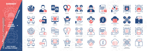 Darknet icon set. Overlay Network, Deep Web, Black Market, Sharing, Drugs, Data Leak, Confidentiality, Freedom. Duotone color solid and editable outline icons