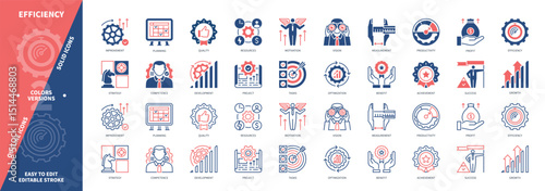 Efficiency icon set. Development, Project, Strategy, Quality, Vision, Planning, Competence, Resources. Duotone color solid and editable outline icons