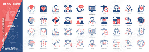 Digital Health icon set. Telemedicine, Diagnosis, Virtual Reality, Wearable Devices, Illness, Online Platform, Checkup, Consultation. Duotone color solid and editable outline icons