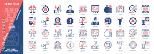 Hedge Fund icon set. Risk Management, Investment, Financial Regulators, Assets, Business, Cash Flow, Profit, Analysis. Duotone color solid and editable outline icons