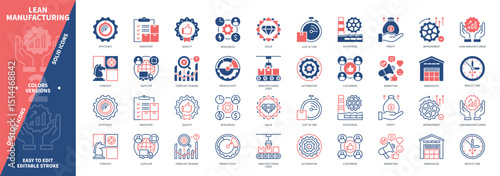 Lean Manufacturing icon set. Just in Time, Quality, Value, Reduce Time, Customers, Manufacturing Lines, Supplier, Inventory. Duotone color solid and editable outline icons