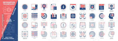 Information Technology icon set. Thinking Simulation, Innovation, Information, Software, Data Storage, Security, Internet, Processing. Duotone color solid and editable outline icons
