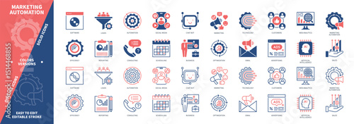 Marketing Automation icon set. Software, Web Analytics, Chat Bot, Social Media, Sales, Customers, Artificial Intelligence, Leads. Duotone color solid and editable outline icons