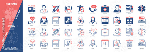 Medicare icon set. Hospital, Doctor, Pharmacy, Consultation, Emergency Car, Health, Medicine, Insurance. Duotone color solid and editable outline icons