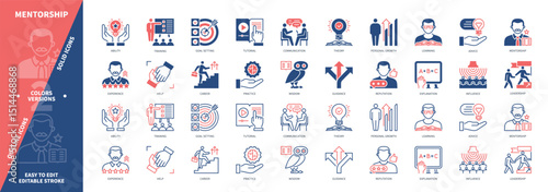 Mentorship icon set. Communication, Advice, Experience, Learning, Goal Setting, Influence, Tutorial, Career. Duotone color solid and editable outline icons