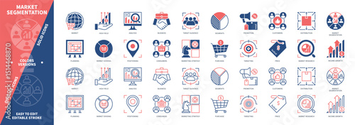 Market Segmentation icon set. Market Dividing, Customers, High Yield, Promotion, Distribution, Targeting, Analysis, Consumers. Duotone color solid and editable outline icons