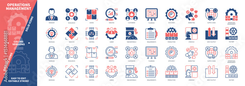 Operations Management icon set. Services, Strategy, Control, Redesign, Supply Chain, Analysis, Resources, Goods, Efficiency. Duotone color solid and editable outline icons