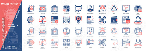 Online Payments icon set. Cryptocurrencies, Chatbot, QR Code, E Wallet, Authentication, Risks, Authorization, Technology. Duotone color solid icons