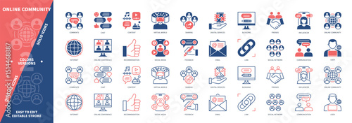 Online Community icon set. Internet, Social Network, Blogging, Digital Services, Friends, Virtual World, Social Media, Sharing. Duotone color solid and editable outline icons