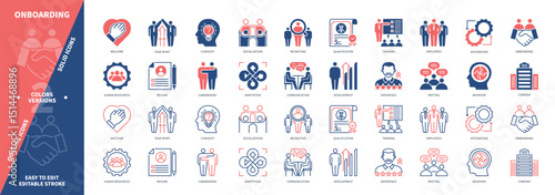 Onboarding icon set. Employees, Integration, Recruiting, Camaraderie, Welcome, Experience, Company, Training. Duotone color solid and editable outline icons