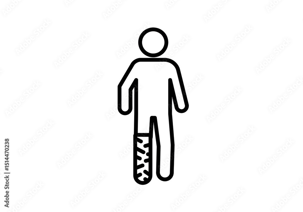 Fototapeta premium Icon of a person with a broken leg in a cast standing straight on a white background simple illustration