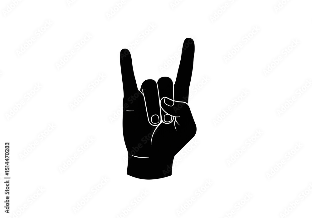 Obraz premium A black hand making the rock and roll hand sign with white background in a digital illustration