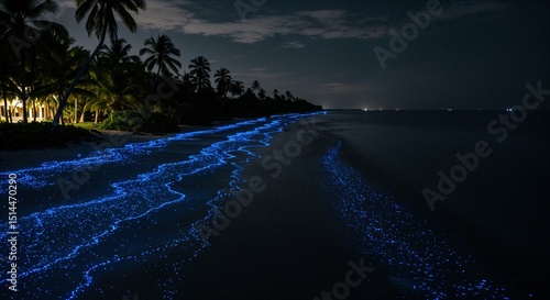 Fototapeta Naklejka Na Ścianę i Meble -  Bioluminescent beach maldives night ocean sea sand water glowing waves travel