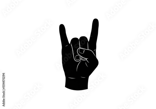 A black and white illustration of a hand making the rock and roll sign on a white background space around it