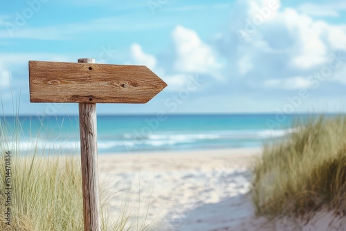 Wooden signpost at the beach directing to nearby coastal areas during a sunny day, Wooden signpost at beach, pointing in two directions