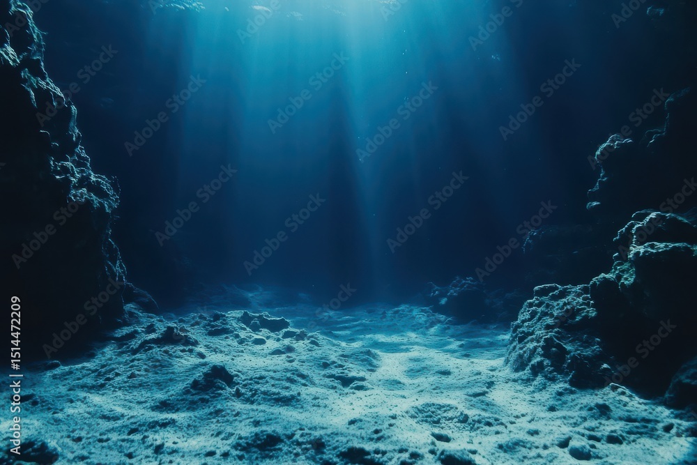 Obraz premium Explore the serene underwater landscape with light rays illuminating the ocean floor at midday, Underwater background Photo