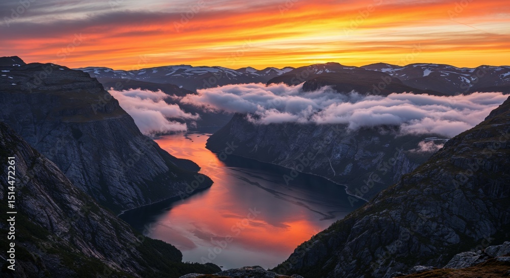 Fototapeta premium Beautiful landscape sunset mountain range fjord reflection clouds scenery view