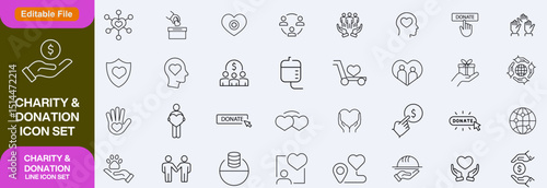 Charity and Donation set of web icons in line style. Volunteering and donation icons for web and mobile app. Help, caring, solidarity, alms, donate, volunteer, care, charity and more. Editable stroke
