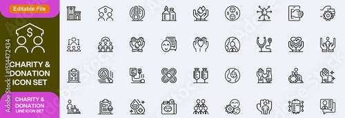 Charity and Donation set of web icons in line style. Volunteering and donation icons for web and mobile app. Help, caring, solidarity, alms, donate, volunteer, care, charity and more. Editable stroke