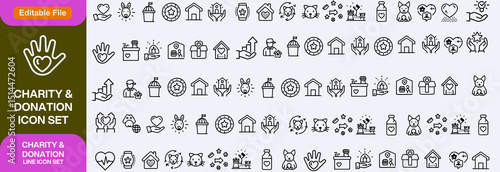 Charity and Donation set of web icons in line style. Volunteering and donation icons for web and mobile app. Help, caring, solidarity, alms, donate, volunteer, care, charity and more. Editable stroke