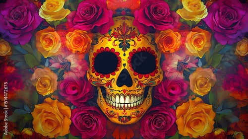 A decorated sugar skull centered amongst a vibrant flower arrangement