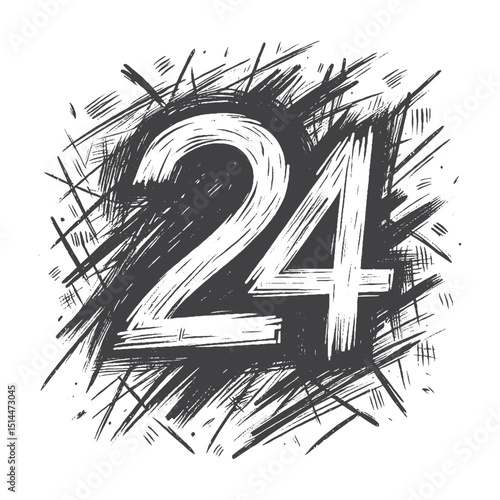 Vintage Hand-Drawn Sketch Style Number 24 Illustration – Typography Engraving for Numerical Design, Stickers, Label, and T-Shirts