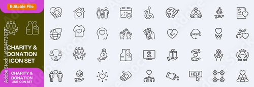 Charity and Donation set of web icons in line style. Volunteering and donation icons for web and mobile app. Help, caring, solidarity, alms, donate, volunteer, care, charity and more. Editable stroke