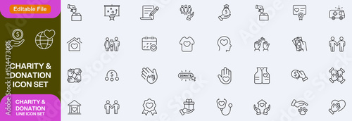 Charity and Donation set of web icons in line style. Volunteering and donation icons for web and mobile app. Help, caring, solidarity, alms, donate, volunteer, care, charity and more. Editable stroke