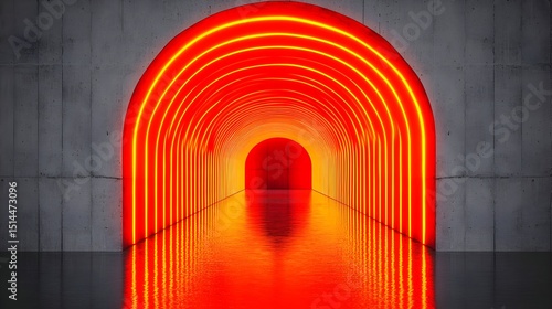Fototapeta Naklejka Na Ścianę i Meble -  Reflective orange neon archway tunnel in a concrete setting