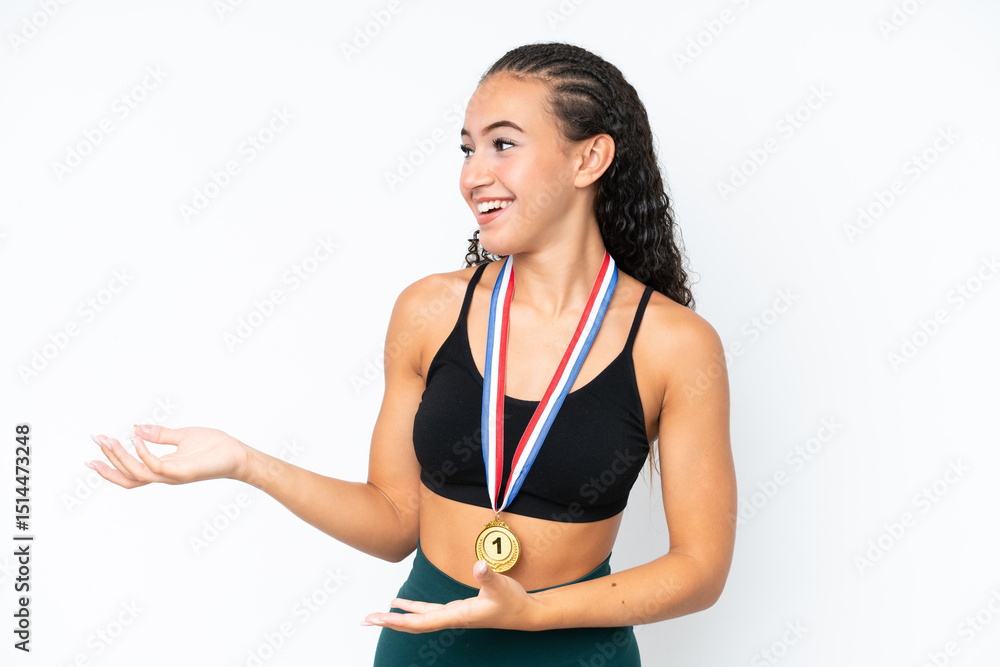 Young sport woman with medals isolated on white background with surprise facial expression Young sport woman with medals isolated on white background with surprise facial expression