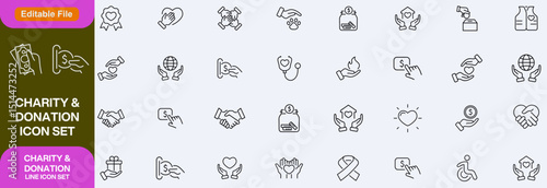 Charity and Donation set of web icons in line style. Volunteering and donation icons for web and mobile app. Help, caring, solidarity, alms, donate, volunteer, care, icon Set design
